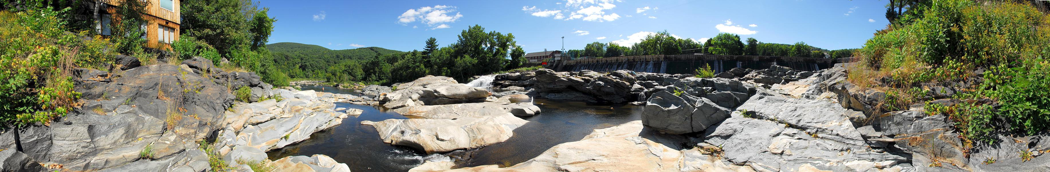 blue sky, panoramic, rocks, scenic landscape, trees, water