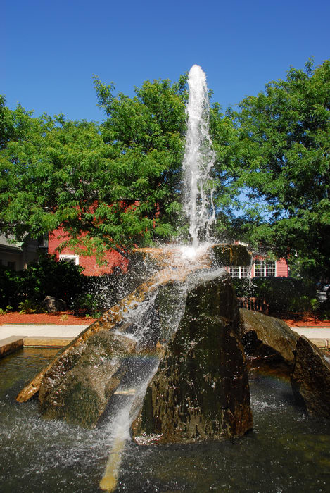 action, blue sky, fountain, moving water, trees