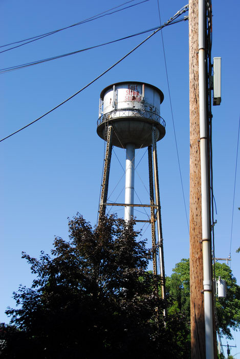 blue sky, trees, water tower