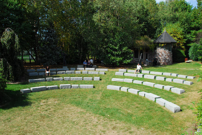 grass, open air theater, seating, trees