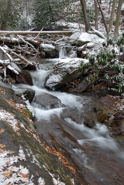 moving water, rocks, snow, stream, trees, water