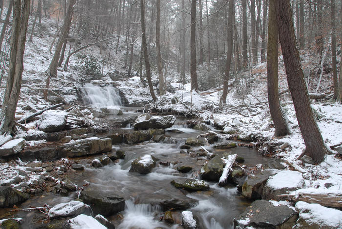 moving water, rocks, snow, stream, trees, water