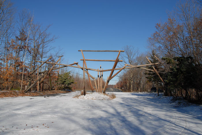 blue sky, entrance, snow, structure, trees