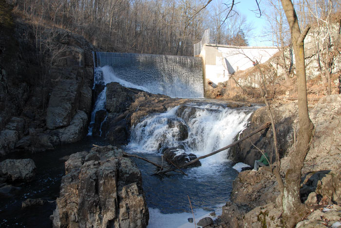 dam, fence, river, rocks, water, waterfall, woods