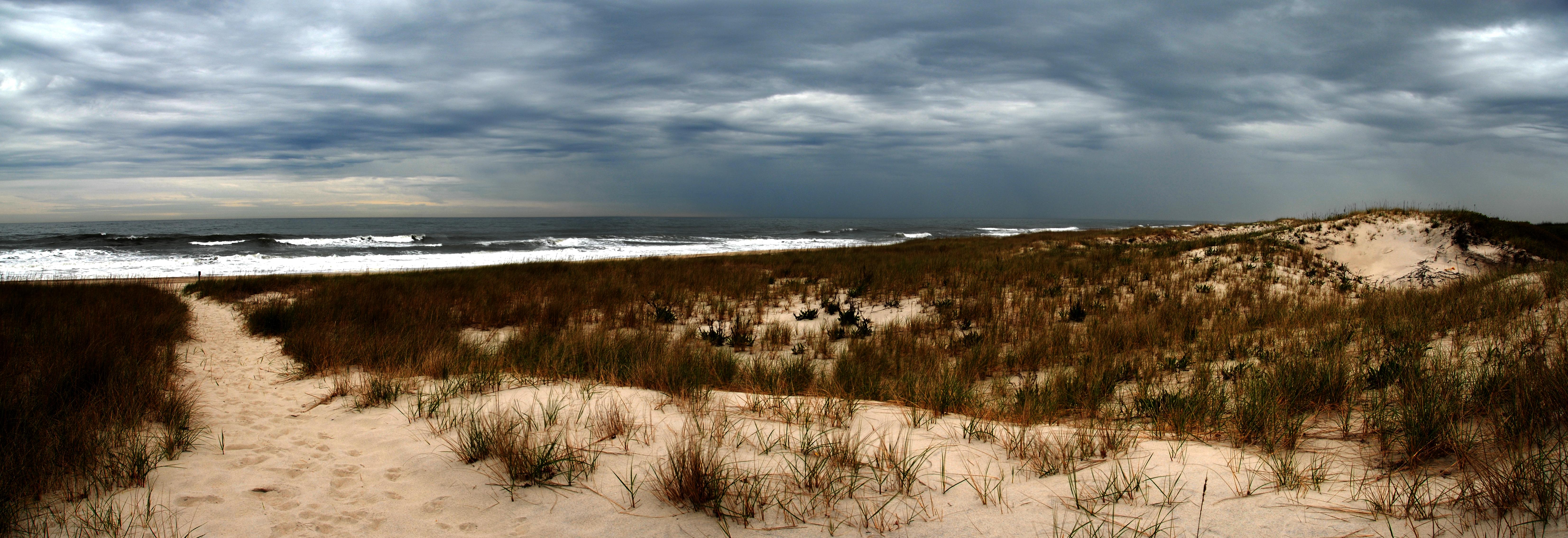 beach, dunes, ocean, panoramic, path, rain, sand, storm, waves
