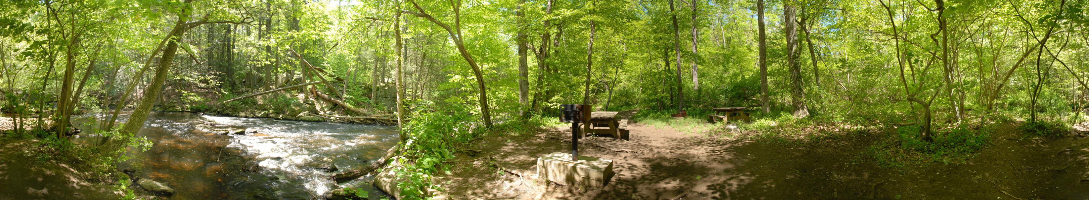 black river, moving water, panoramic, path, picnic table, river, rocks, trail, trees, water, woods