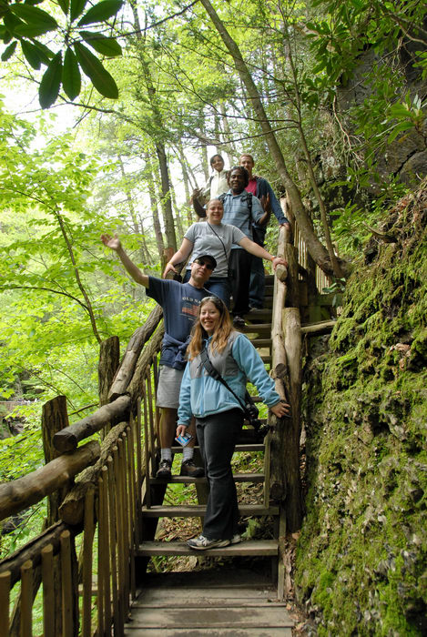 Jackie, Pam, Rob, forest, railing, rock, stairs, trees, wooden walkway, woods