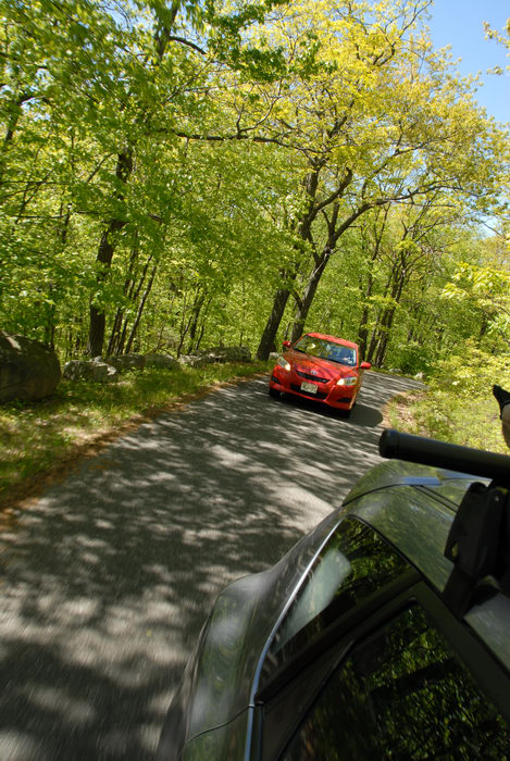 car, road, rocks, trees