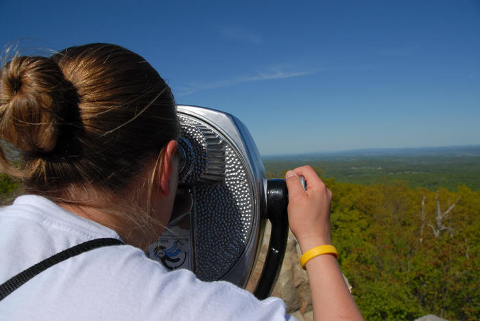 Pam, blue sky, coin operated binoculars, hills, scenic overlook, trees