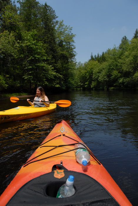 blue sky, kayak, kayaking, paddling, river, trees, water, Jackie