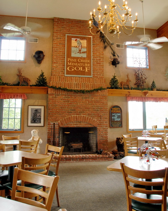 bear, ceiling, chairs, room, tables, windows, chimney