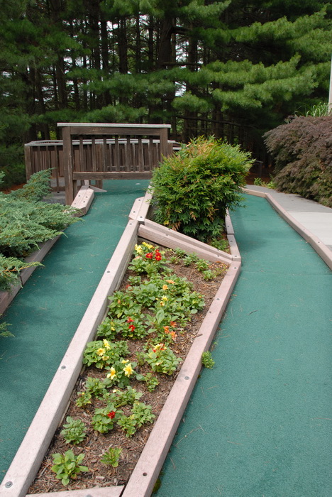 flowers, buxhes, trees, minigolf, obstacle
