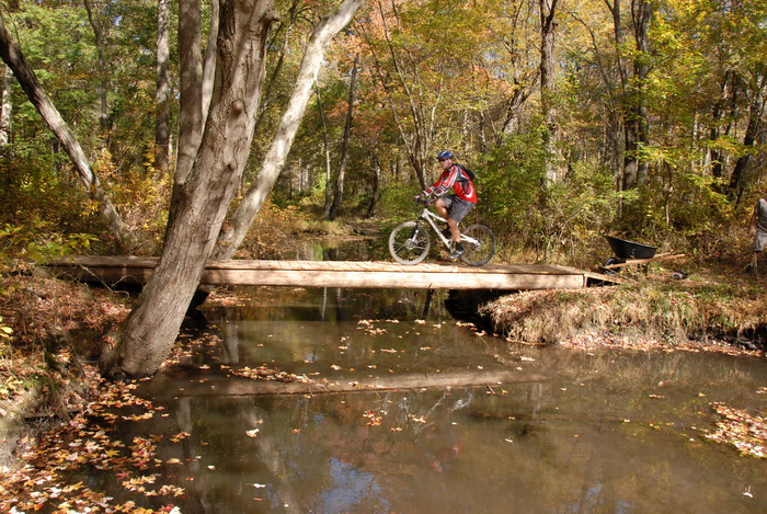 trees, woods, ground cover, water, river, bridge, mountain bike, mountain biking