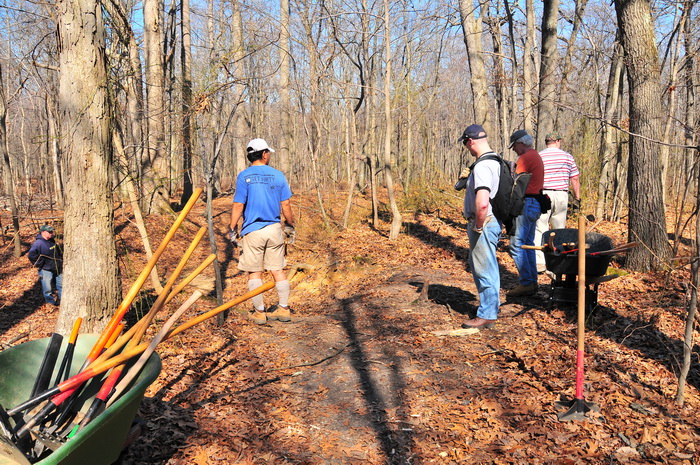 trail workers, tools, trail, trail maintenance, woods, trees