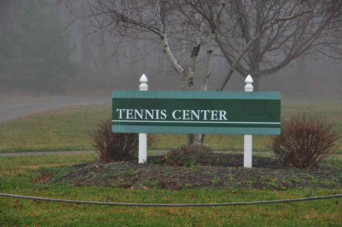 fog, foggy, grass, rope, sign, tennis court entrance, trees, Mercer County Park, JORBA Trail Day, March 2012
