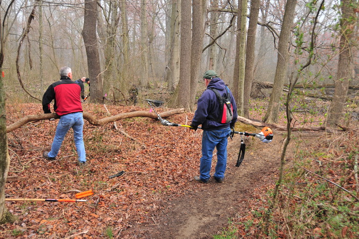 fog, logs, single track, tools, trails, trees, workers, Mercer County Park, JORBA Trail Day, March 2012
