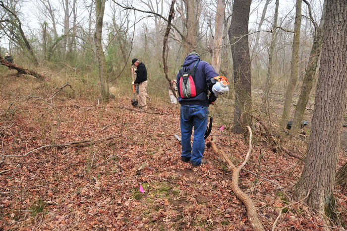 ground cover, new trail, people, power tools, trees, Mercer County Park, JORBA Trail Day, March 2012