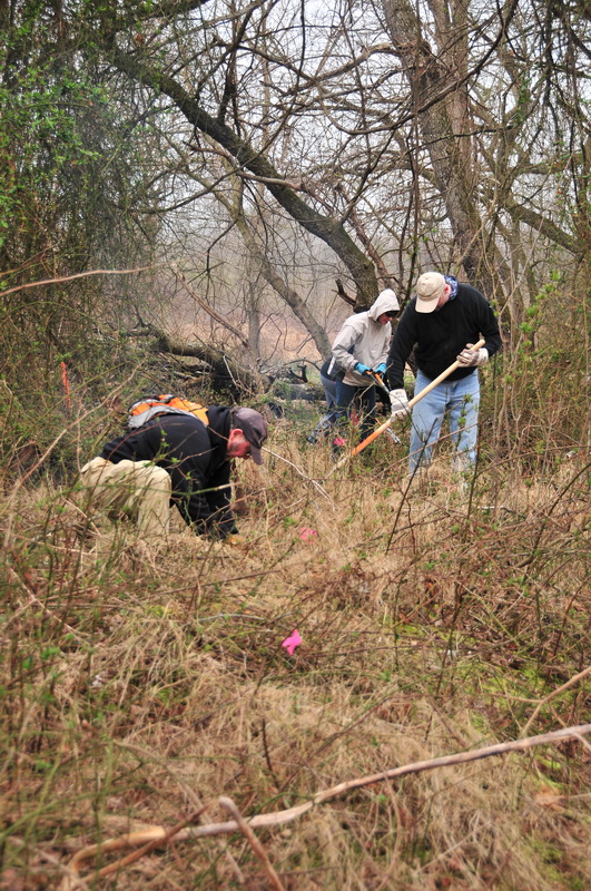 fog, ground cover, new trail, people, tools, trail workers, woods, Mercer County Park, JORBA Trail Day, March 2012