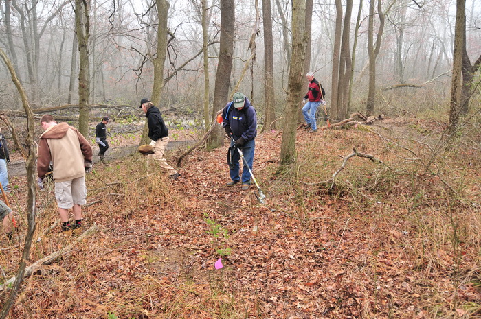 people, tools, trail work, trail workers, woods, Mercer County Park, JORBA Trail Day, March 2012