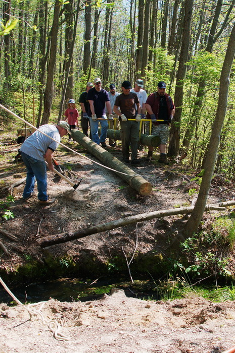 carry, heavy, leaves, log, spring, stream, trail maintenance, trees, volunteer, water, woods