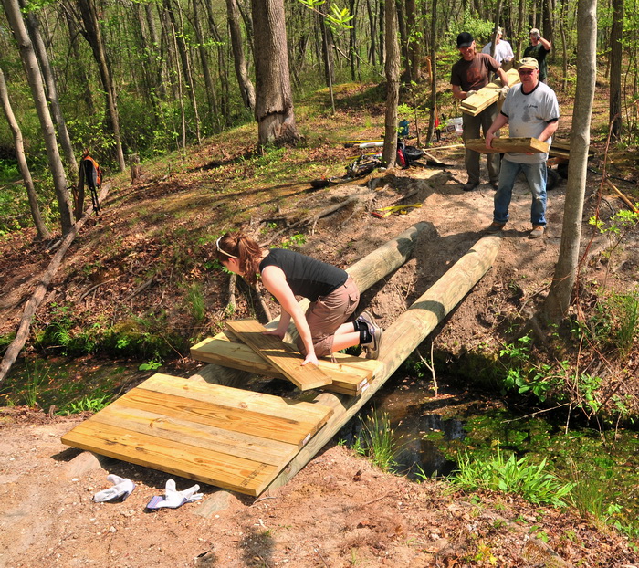 bridge, building, planks, spring, stream, trail maintenance, trees, volunteer, water, woods